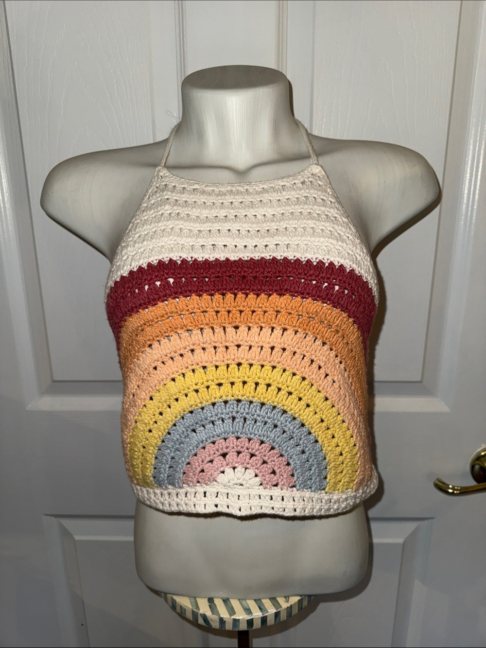 American Eagle Crochet Halter Crop Top in White with Rainbow Stripes